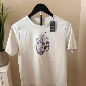 White T-Shirt with Purple Bicycle Print